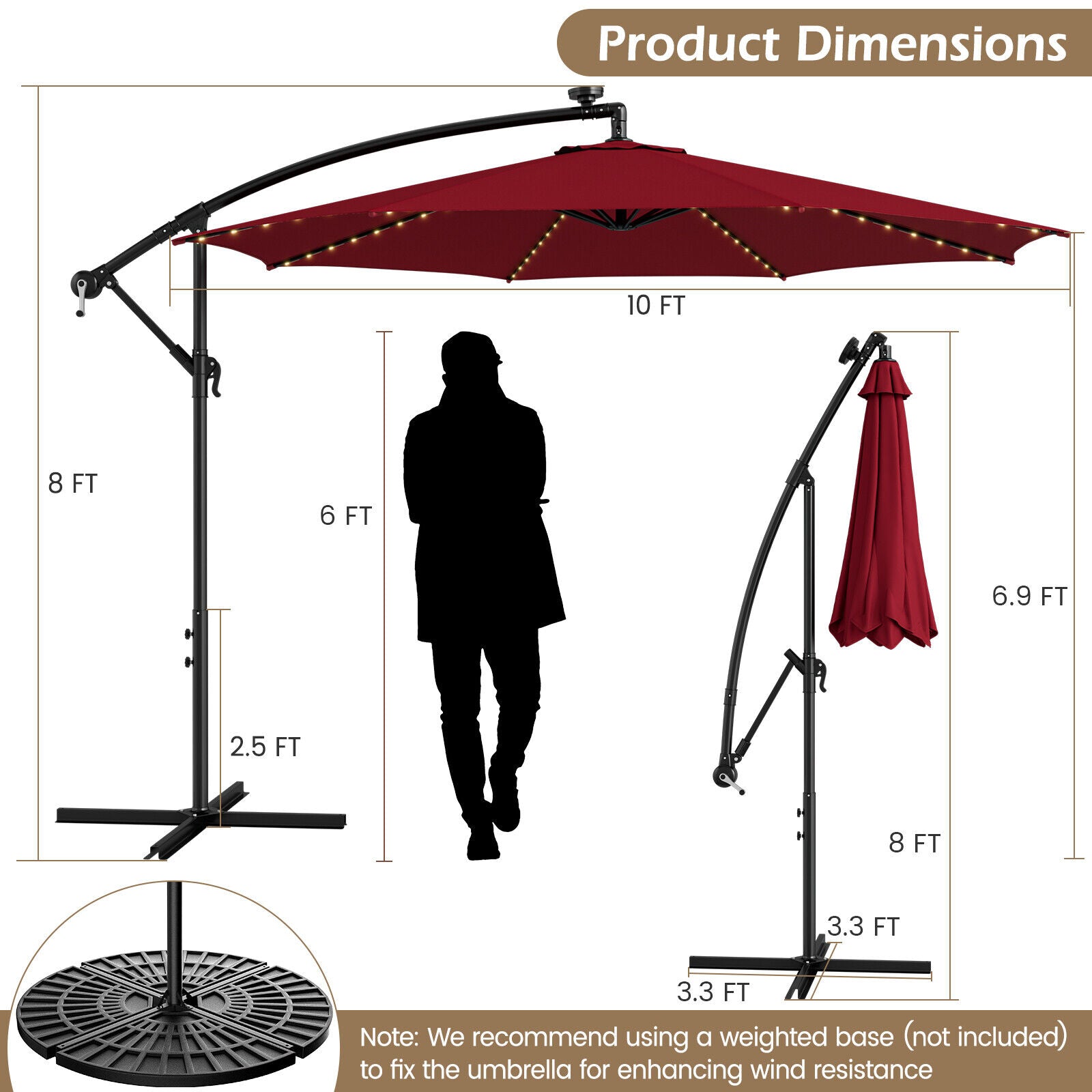 10 Feet Patio Umbrella with 112 Solar-Powered LED Lights and Cross Base