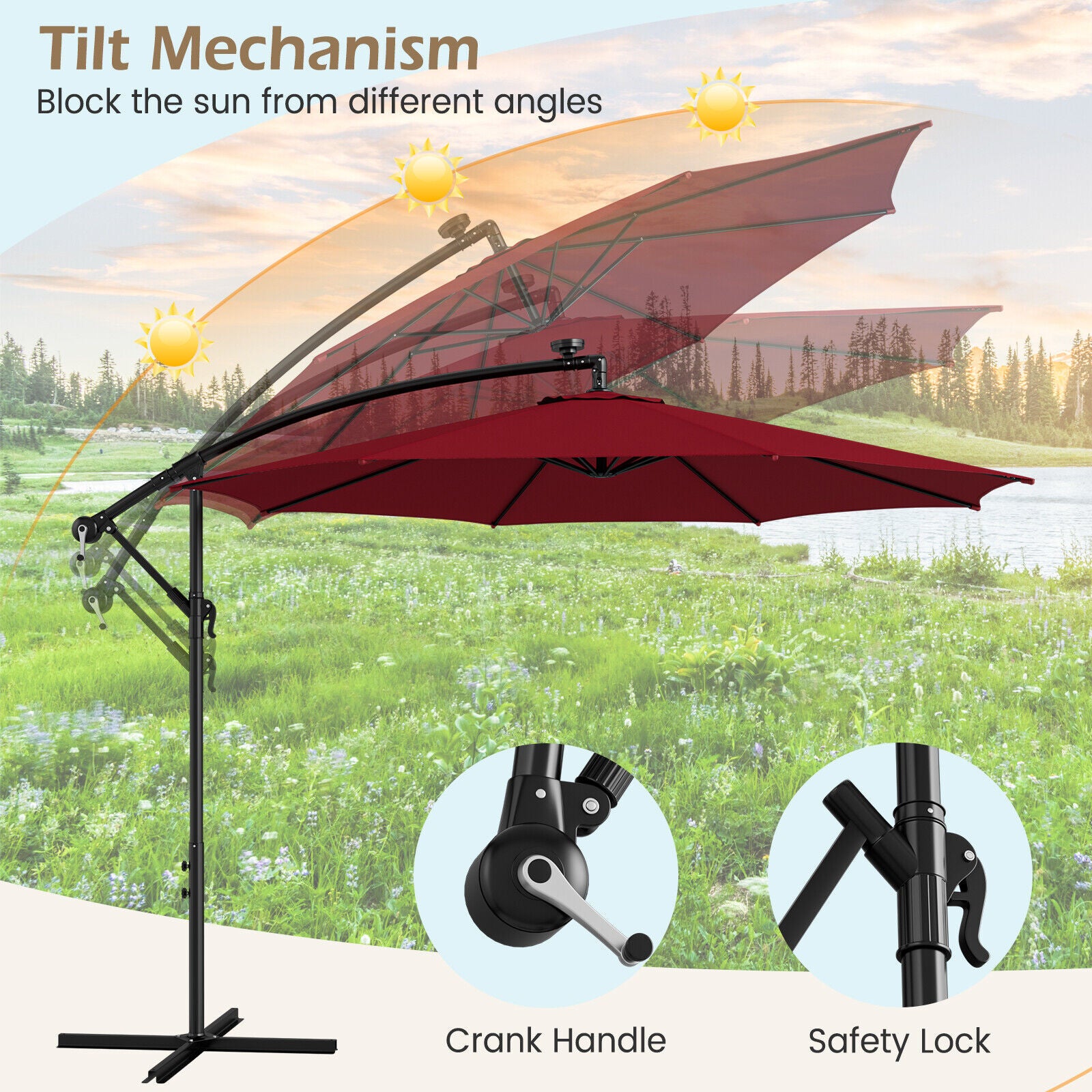 10 Feet Patio Umbrella with 112 Solar-Powered LED Lights and Cross Base