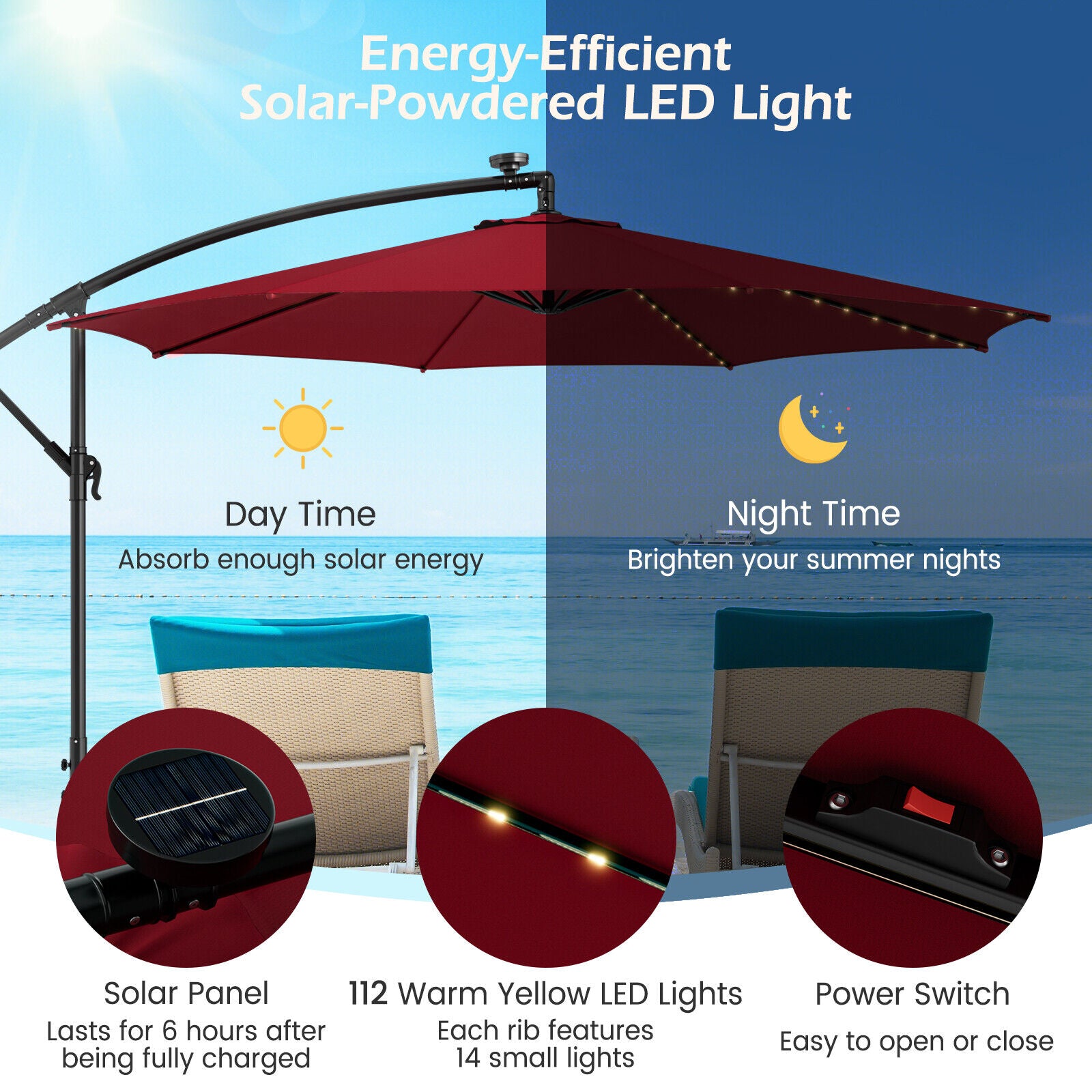 10 Feet Patio Umbrella with 112 Solar-Powered LED Lights and Cross Base