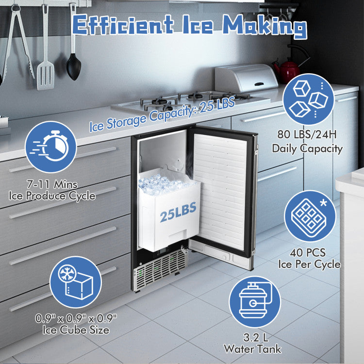 115V Free-Standing Undercounter Built-In Ice Maker with Self-Cleaning Function and Adjustable Ice Thickness