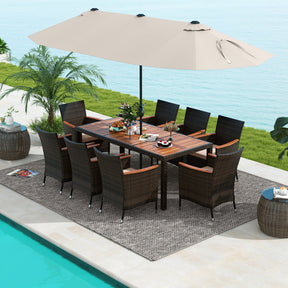 11 Pieces Patio Dining Set with 15 Feet Solar-Powered LED Umbrella and Base