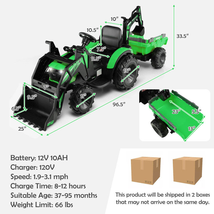 12V 3 in 1 Kids Ride On Excavator with Shovel Bucket and Remote Control