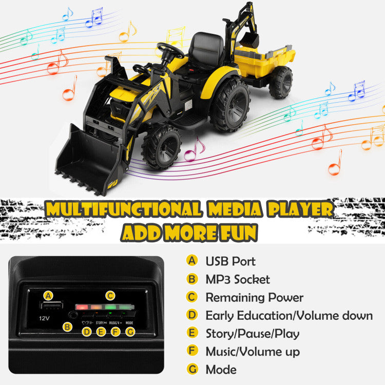 12V 3 in 1 Kids Ride On Excavator with Shovel Bucket and Remote Control