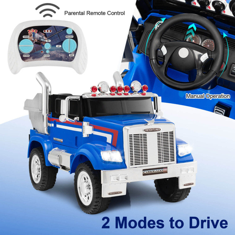 12V Licensed Freightliner Kids Ride On Truck Car with Dump Box and Remote Control