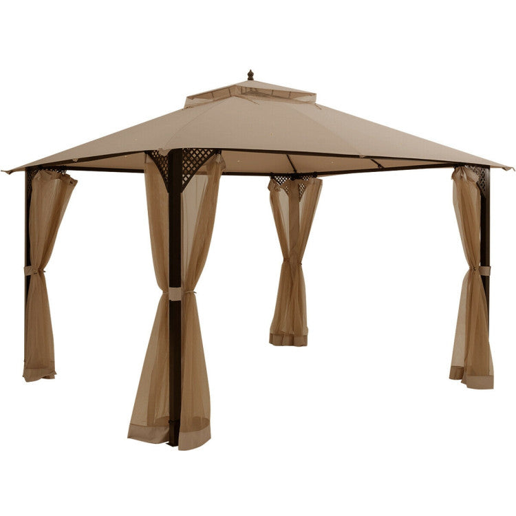 12 x 10 Feet Outdoor Double Top Patio Gazebo Canopy with Netting Curtains for Barbecue and Gathering