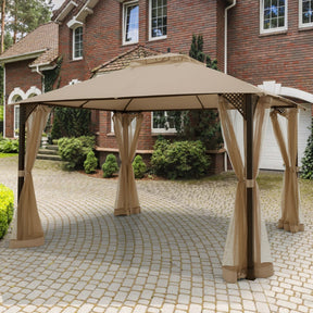 12 x 10 Feet Outdoor Double Top Patio Gazebo Canopy with Netting Curtains for Barbecue and Gathering