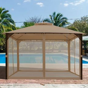 12 x 10 Feet Outdoor Double Top Patio Gazebo Canopy with Netting Curtains for Barbecue and Gathering