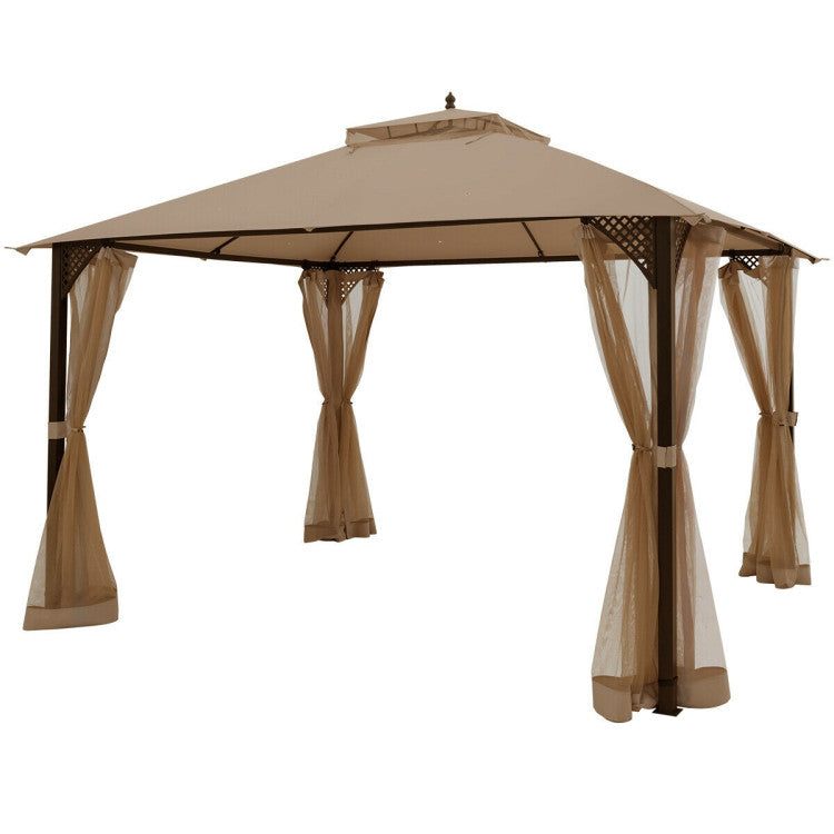 12 x 10 Feet Outdoor Double Top Patio Gazebo Canopy with Netting Curtains for Barbecue and Gathering