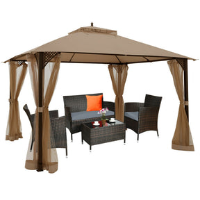 12 x 10 Feet Outdoor Double Top Patio Gazebo Canopy with Netting Curtains for Barbecue and Gathering