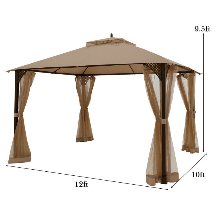 12 x 10 Feet Outdoor Double Top Patio Gazebo Canopy with Netting Curtains for Barbecue and Gathering