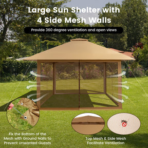 13 x 13 Feet Pop-up Instant Gazebo Canopy Tent with Mesh Sidewall and Adjustable Height for Picnic and BBQ