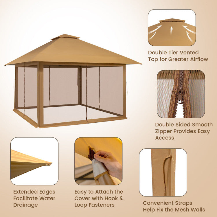 13 x 13 Feet Pop-up Instant Gazebo Canopy Tent with Mesh Sidewall and Adjustable Height for Picnic and BBQ