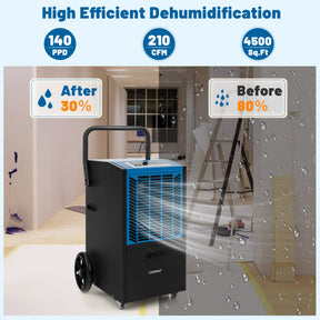 140 Pints Commercial Dehumidifier with Pump and Drain Hose for Crawl Space