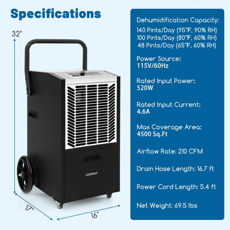 140 Pints Commercial Dehumidifier with Pump and Drain Hose for Crawl Space