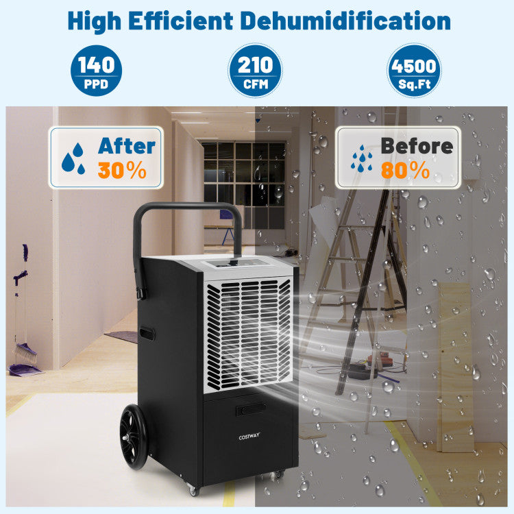 140 Pints Commercial Dehumidifier with Pump and Drain Hose for Crawl Space