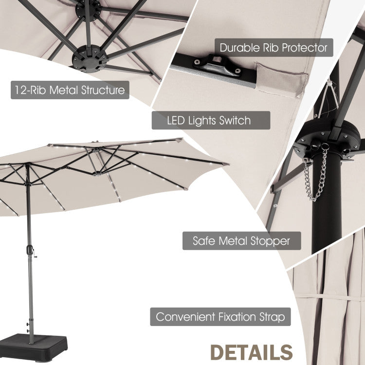 15 Feet Double-Sided Outdoor Patio Umbrella with 48 Solar LED Lights