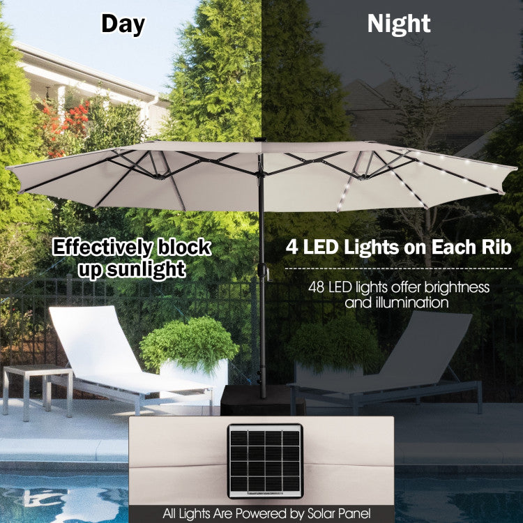 15 Feet Double-Sided Outdoor Patio Umbrella with 48 Solar LED Lights