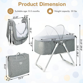 2-in-1 Folding Baby Bassinet with Mattress and Adjustable Height