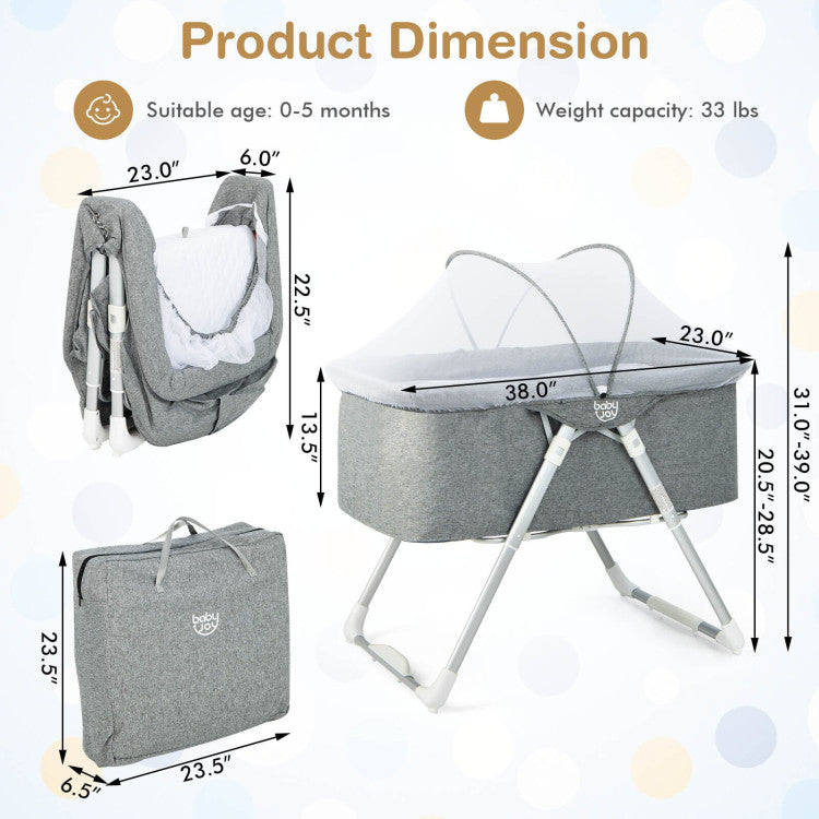 2-in-1 Folding Baby Bassinet with Mattress and Adjustable Height