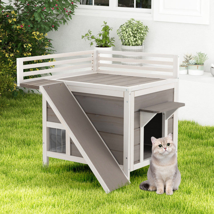 2-Story Outdoor Wooden Feral Cat House with Balcony and Slide