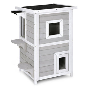 2-Story Wooden Cat House with Escape Door Rainproof and Jump Steps