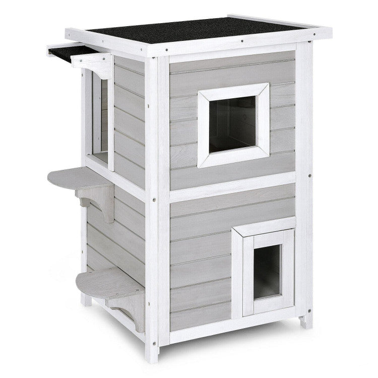 2-Story Wooden Cat House with Escape Door Rainproof and Jump Steps