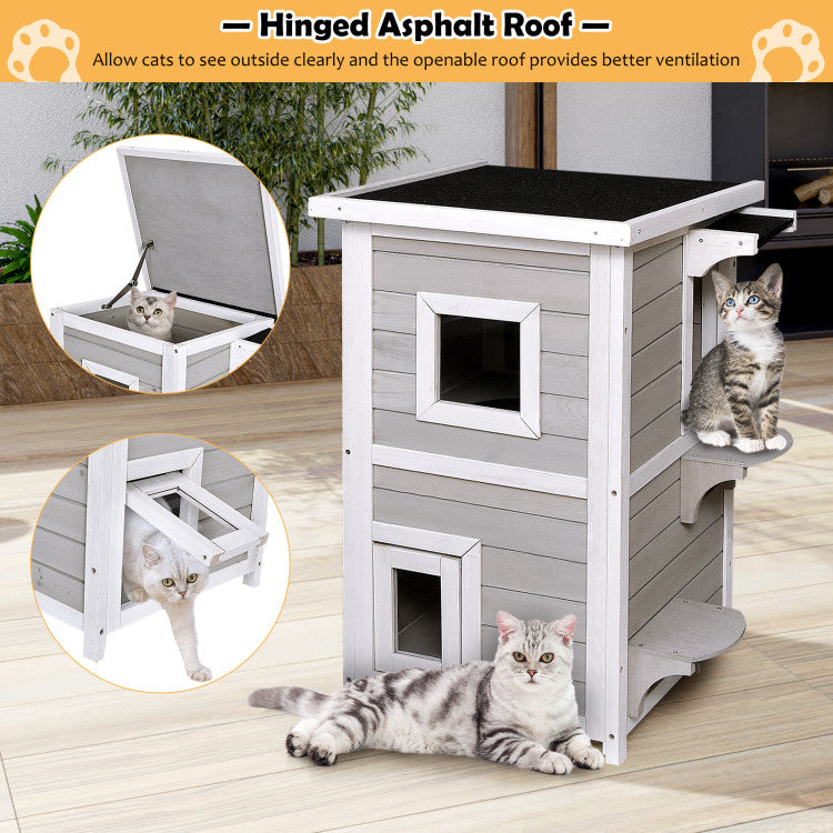 2-Story Wooden Cat House with Escape Door Rainproof and Jump Steps