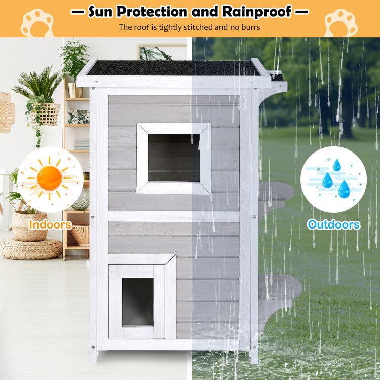 2-Story Wooden Cat House with Escape Door Rainproof and Jump Steps