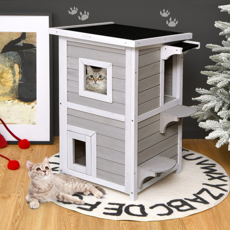 2-Story Wooden Cat House with Escape Door Rainproof and Jump Steps