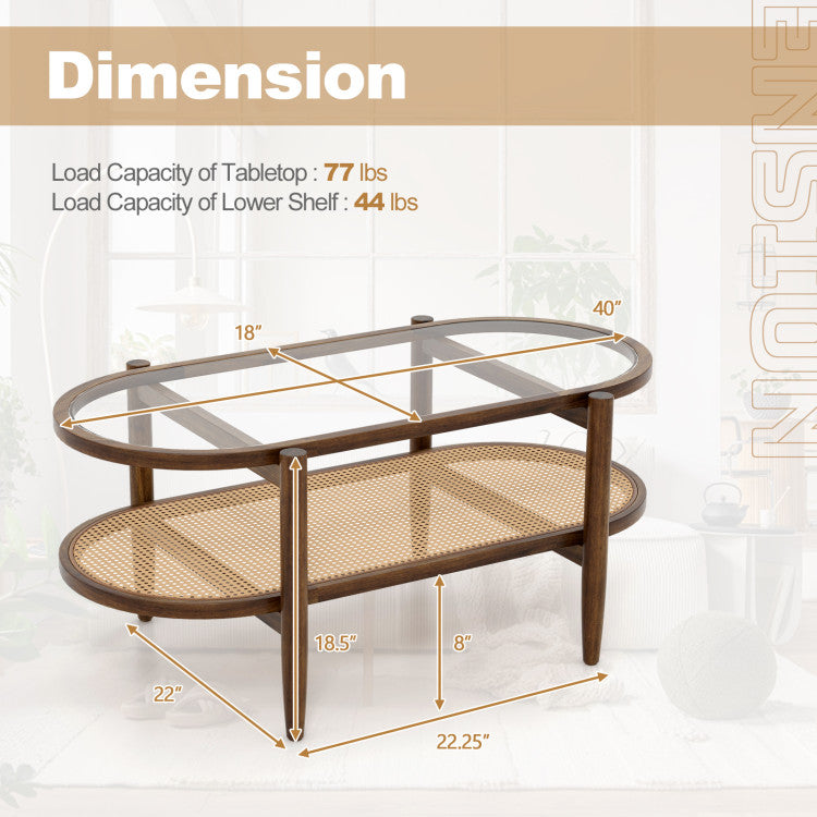 2-Tier Acacia Wood Oval-shaped Coffee Table with Tempered Glass Tabletop