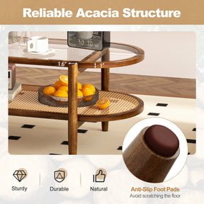 2-Tier Acacia Wood Oval-shaped Coffee Table with Tempered Glass Tabletop