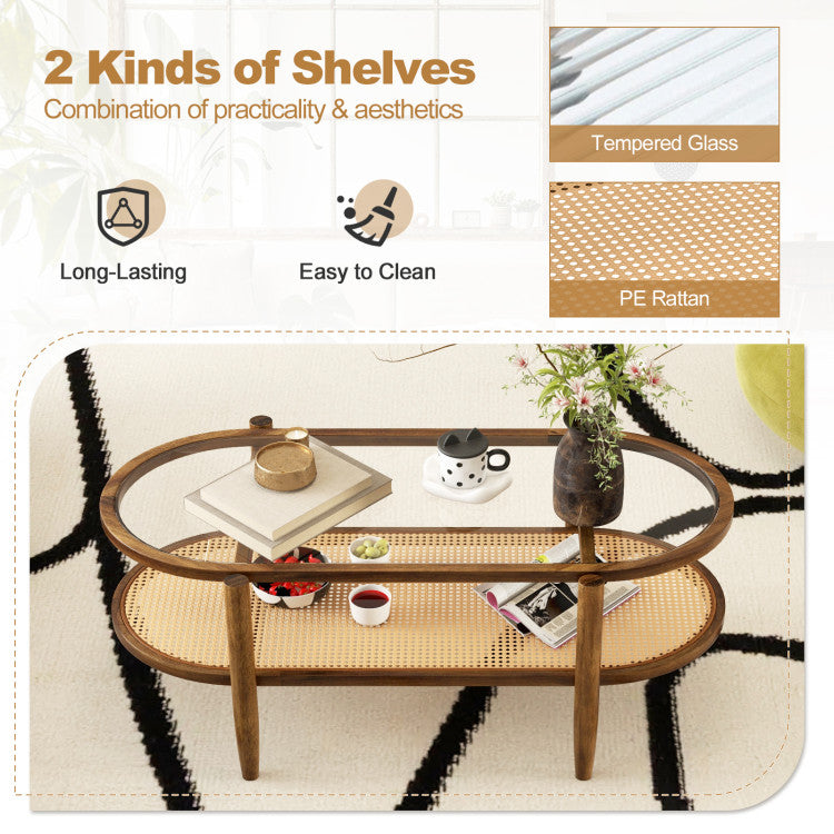 2-Tier Acacia Wood Oval-shaped Coffee Table with Tempered Glass Tabletop