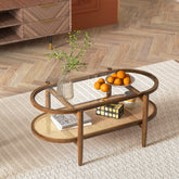 2-Tier Acacia Wood Oval-shaped Coffee Table with Tempered Glass Tabletop