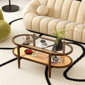 2-Tier Acacia Wood Oval-shaped Coffee Table with Tempered Glass Tabletop