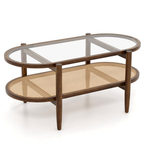 2-Tier Acacia Wood Oval-shaped Coffee Table with Tempered Glass Tabletop