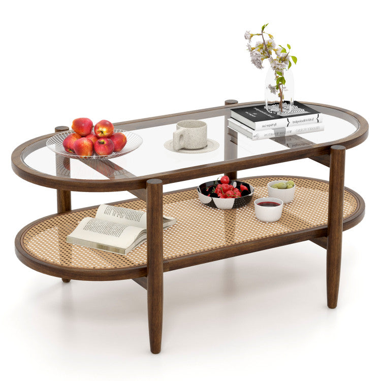 2-Tier Acacia Wood Oval-shaped Coffee Table with Tempered Glass Tabletop