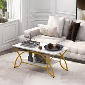 2-Tier Faux Marble Rectangle Coffee Table with Metal Frame