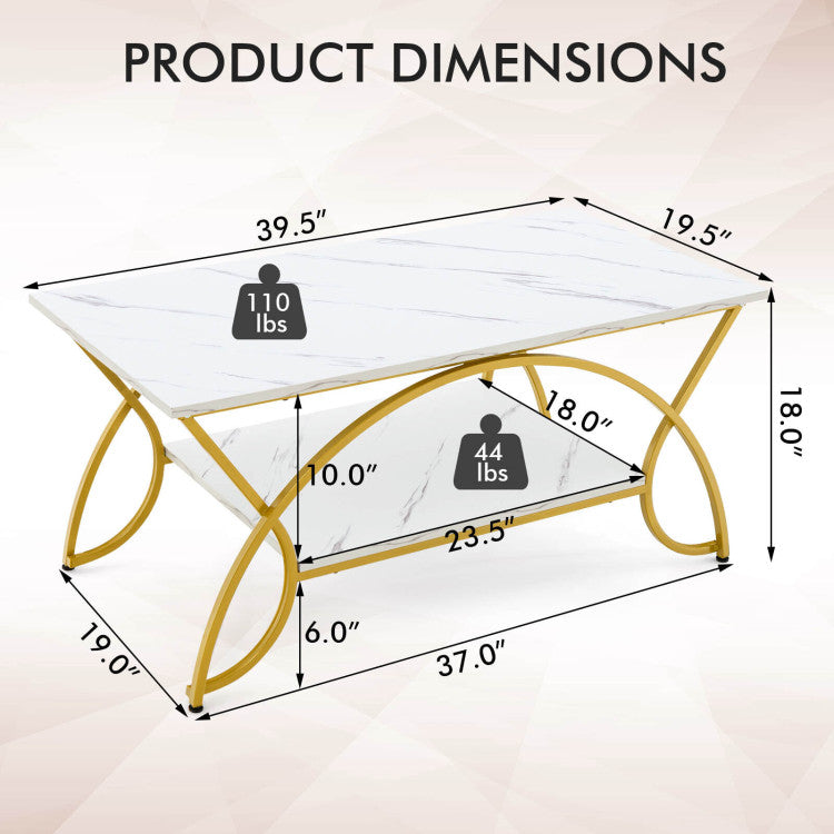 2-Tier Faux Marble Rectangle Coffee Table with Metal Frame