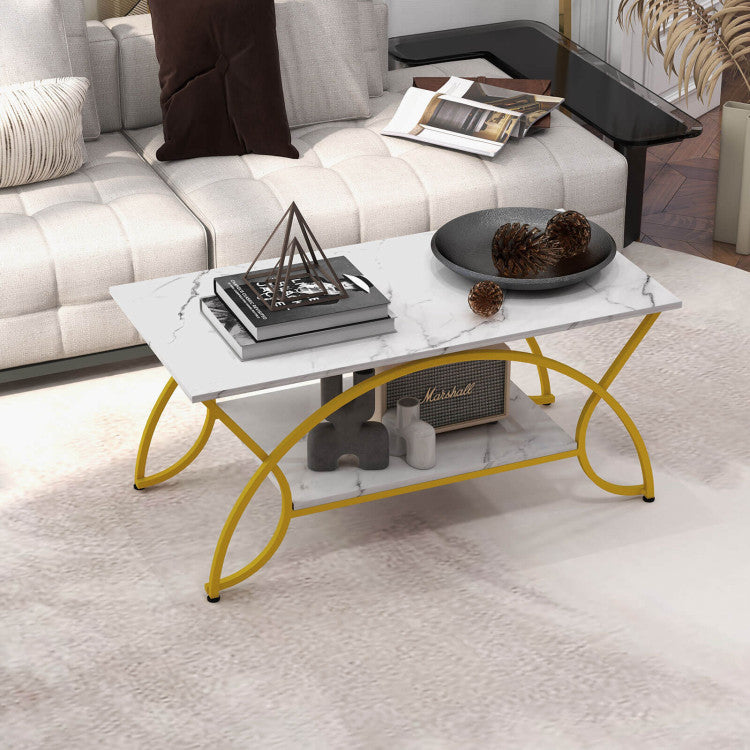 2-Tier Faux Marble Rectangle Coffee Table with Metal Frame