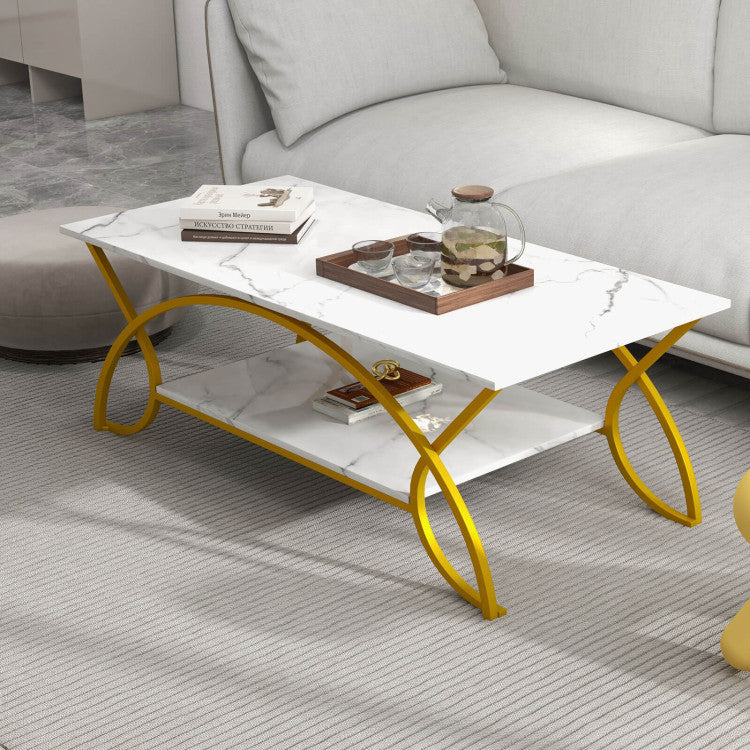 2-Tier Faux Marble Rectangle Coffee Table with Metal Frame