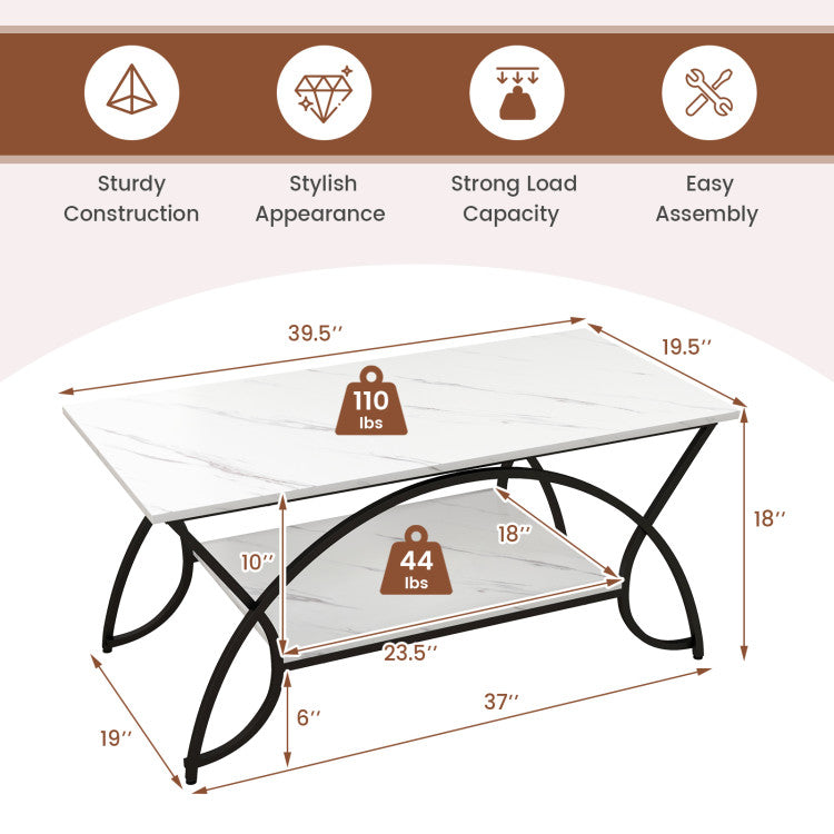 2-Tier Faux Marble Rectangle Coffee Table with Metal Frame