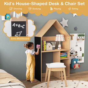 2-in-1 Kids House-Shaped Reading Studying Table and Chair Set with Anti-toppling Device