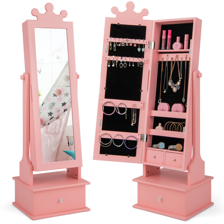 Hikidspace 2-in-1 Kids Play Jewelry Cabinet Armoire with Full Length Mirror and Drawers for Girls_Pink