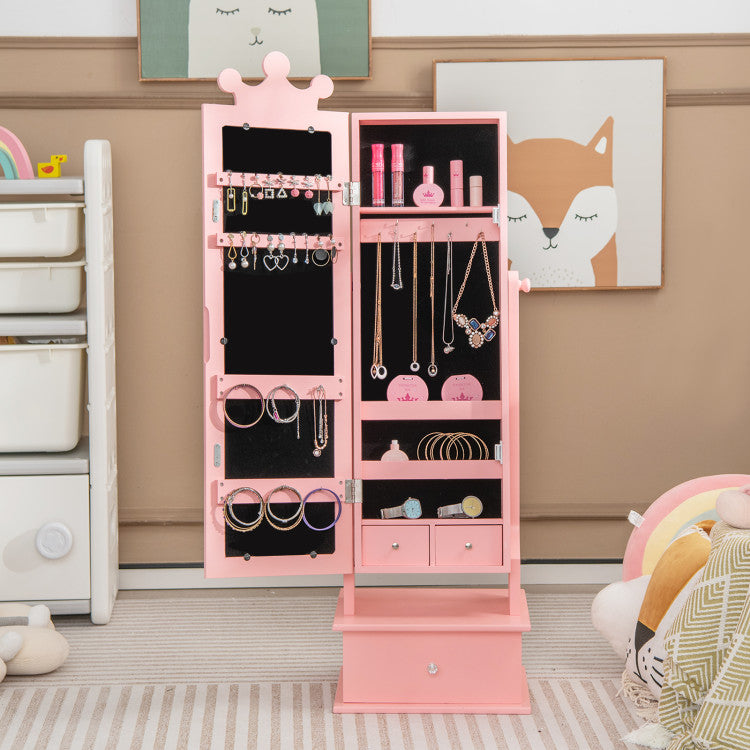 Hikidspace 2-in-1 Kids Play Jewelry Cabinet Armoire with Full Length Mirror and Drawers for Girls_Pink