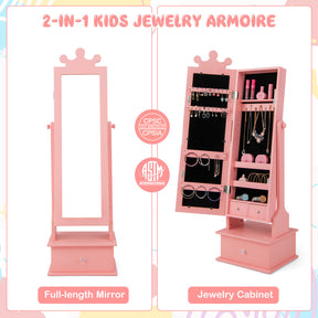 Hikidspace 2-in-1 Kids Play Jewelry Cabinet Armoire with Full Length Mirror and Drawers for Girls_Pink