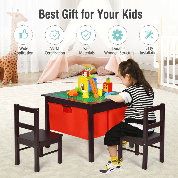 2-in-1 Kids Study Writing Building Block Table with Drawers and Double-sided Board