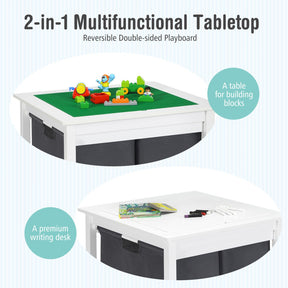 2-in-1 Kids Study Writing Building Block Table with Drawers and Double-sided Board