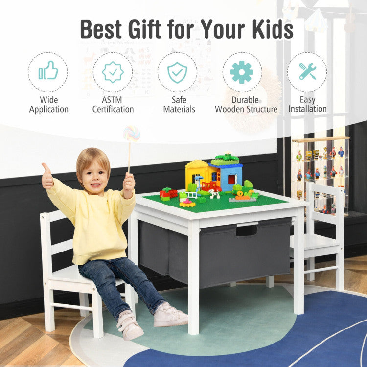 2-in-1 Kids Study Writing Building Block Table with Drawers and Double-sided Board