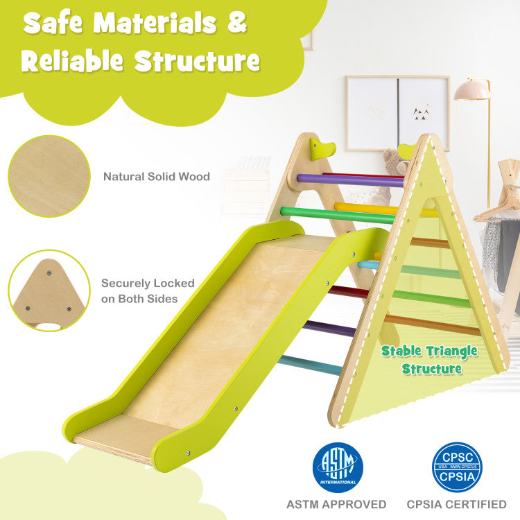 2-in-1 Wooden Triangle Climber Set with Adjustable Slide for Kids