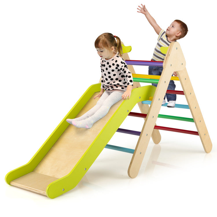 2-in-1 Wooden Triangle Climber Set with Adjustable Slide for Kids